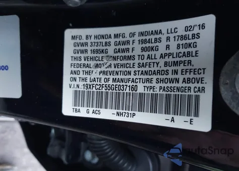 2016 Honda Civic Lx z USA, uszkodzony, nr VIN 19XFC2F55GE037160